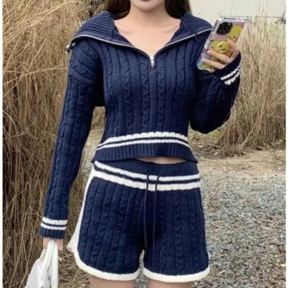 Women Outfit Two Piece Set Crop Sweater-Shorts Knit Blue Size M Sailor Neck - Picture 12 of 16